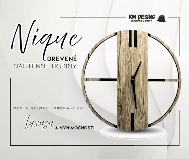 ✨ Drevené hodiny na stenu – Nique Pozvite do svojho domova kúsok luxusu a výnimočnosti. Naše drevené hodiny Nique spájajú...